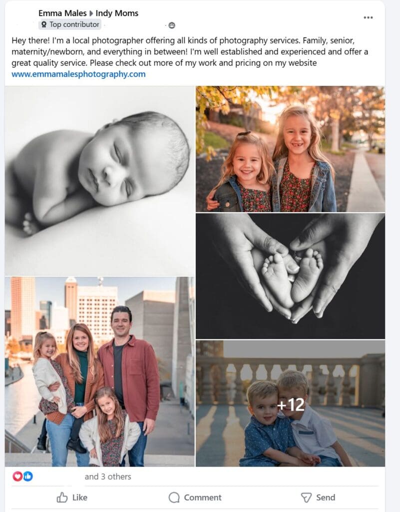 Photography business education Facebook group screenshot how to market for free using facebook sample of what to post