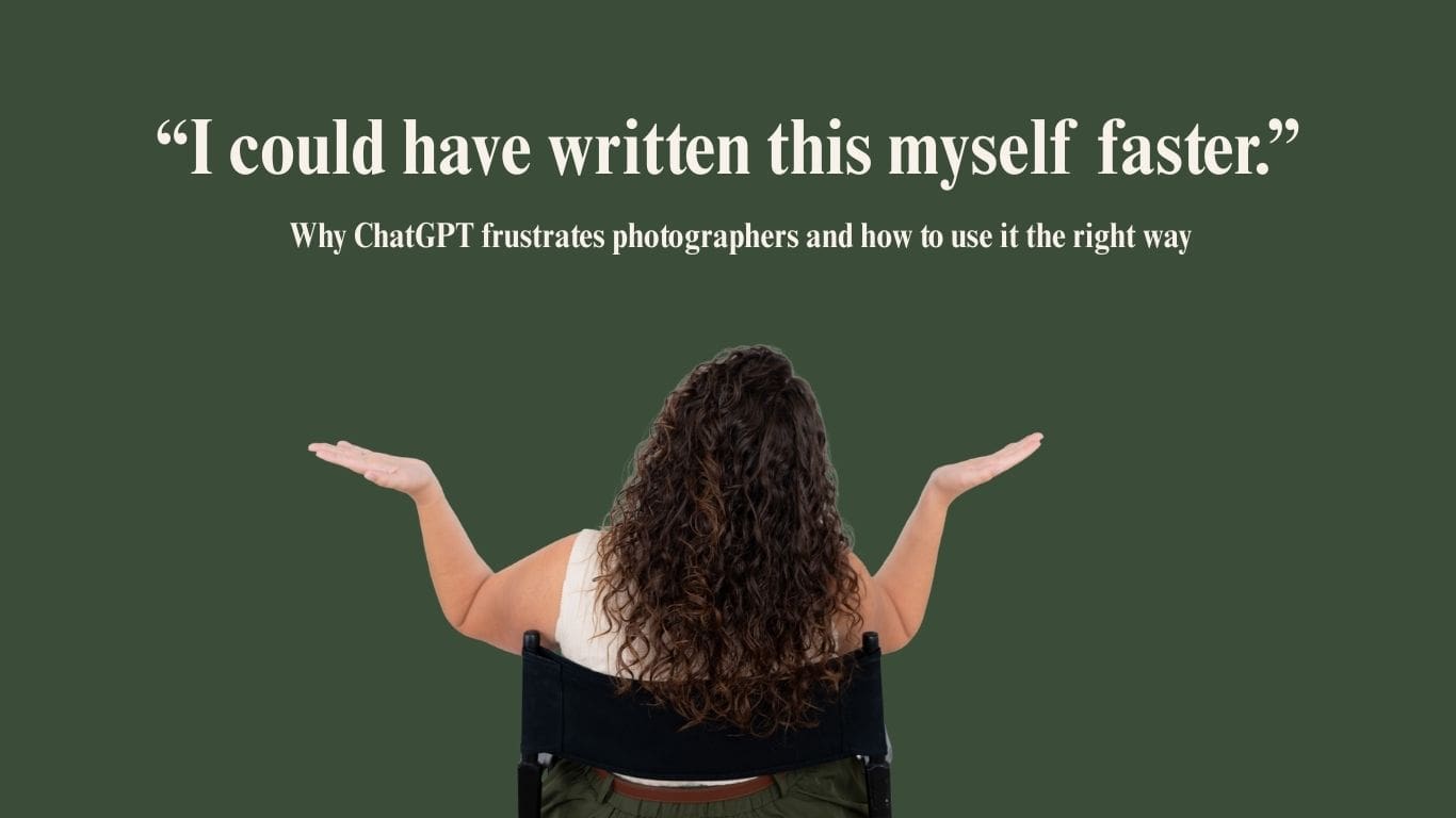 A green background of with text that speaks to photographers about a personalized gpt for photographers Emma Males Photo VA sitting beneath the words